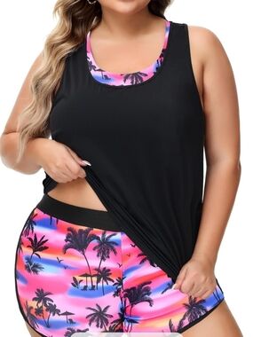Plus Tropical Print Swim Coverup Tank with Black Overlay